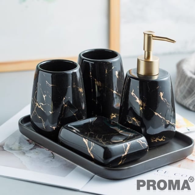 อุปกรณ์ห้องน้ำเซรามิกชุด 5 ชิ้น ลายหินอ่อน PROMA-WS09 สีดำ